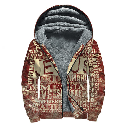 Jesus Religious Words Print Sherpa Lined Zip Up Hoodie