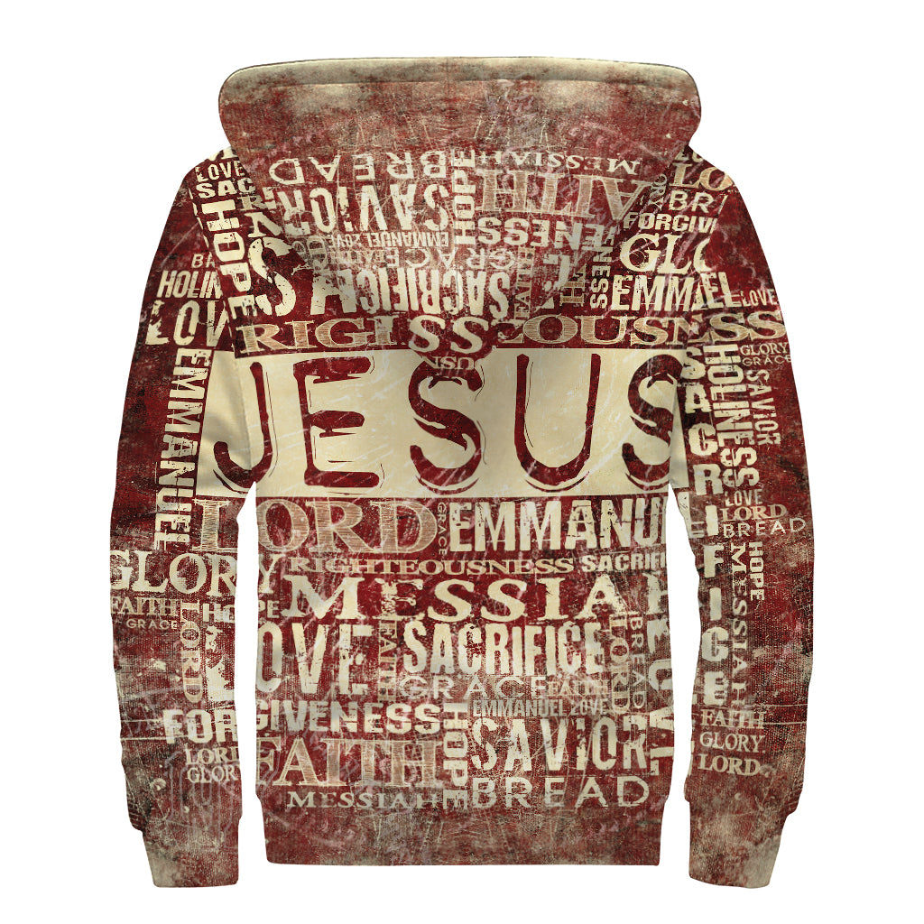 Jesus Religious Words Print Sherpa Lined Zip Up Hoodie