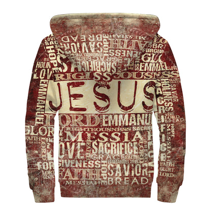Jesus Religious Words Print Sherpa Lined Zip Up Hoodie