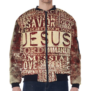 Jesus Religious Words Print Zip Sleeve Bomber Jacket