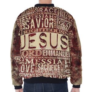 Jesus Religious Words Print Zip Sleeve Bomber Jacket