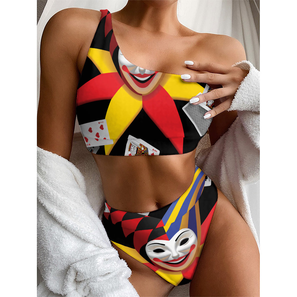 Joker And Playing Cards Print One Shoulder Bikini Top
