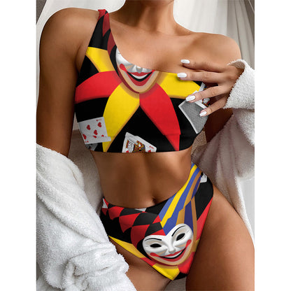 Joker And Playing Cards Print One Shoulder Bikini Top