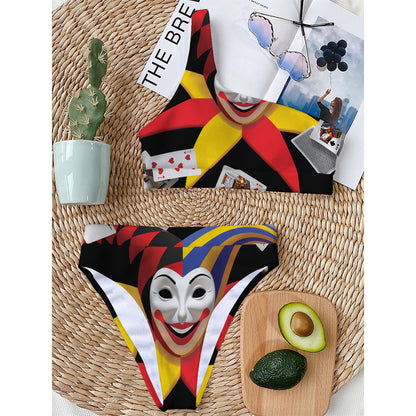 Joker And Playing Cards Print One Shoulder Bikini Top