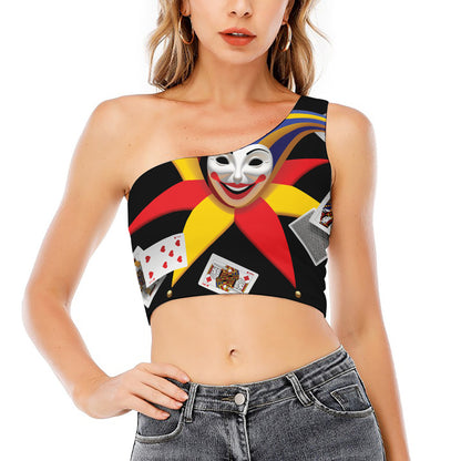 Joker And Playing Cards Print One Shoulder Crop Top