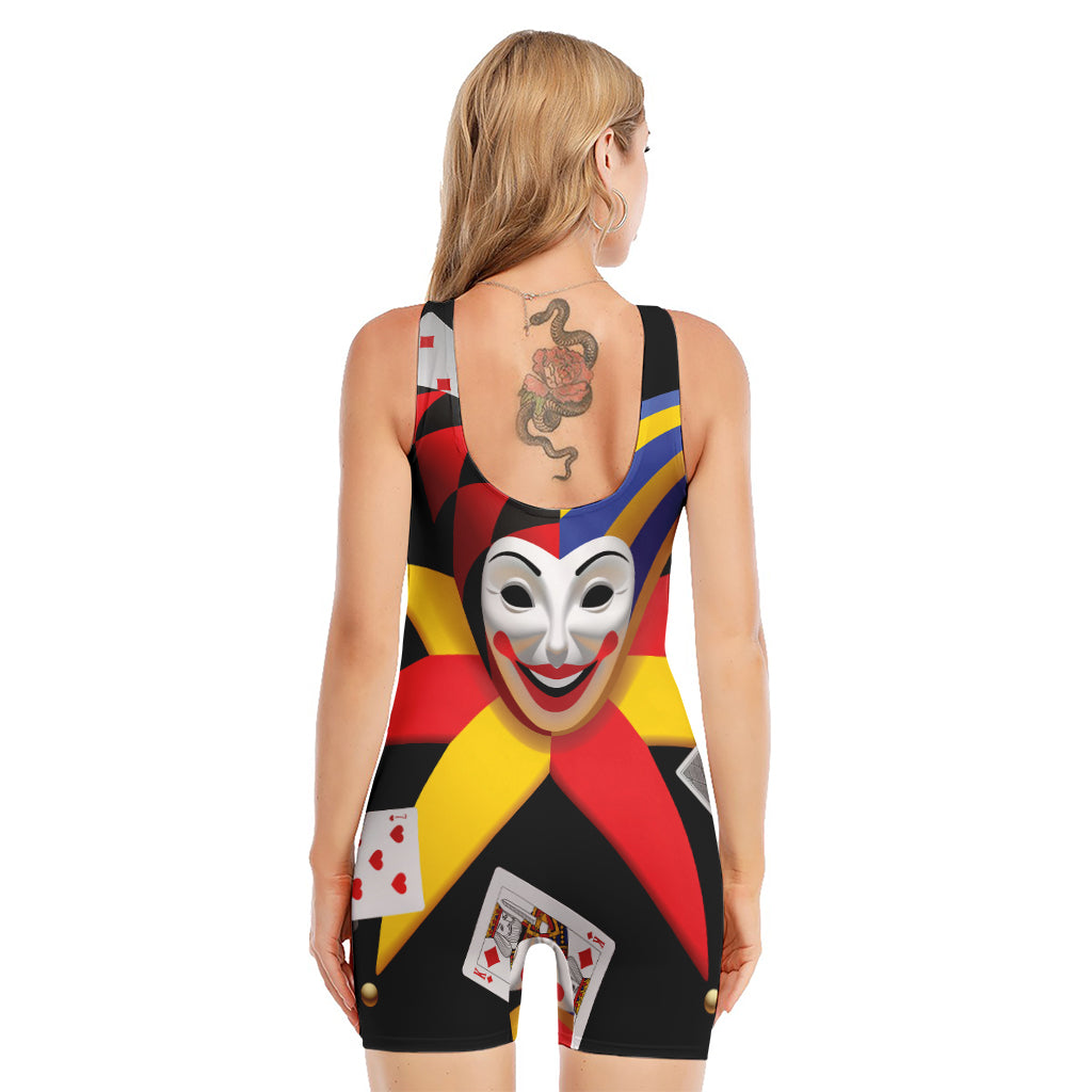 Joker And Playing Cards Print Sleeveless One Piece Swimsuit