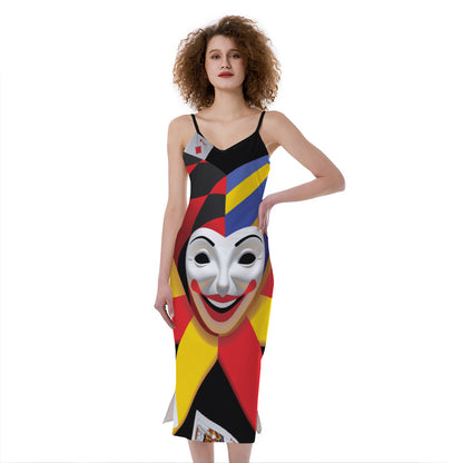 Joker And Playing Cards Print Slim Fit Midi Cami Dress