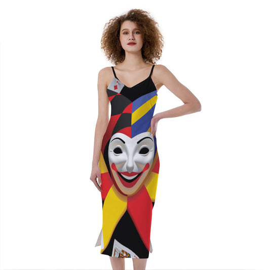 Joker And Playing Cards Print Slim Fit Midi Cami Dress