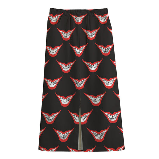 Joker Smile Pattern Print Cotton Front Slit Maxi Skirt