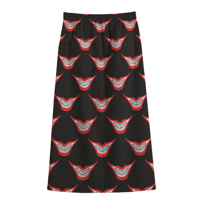 Joker Smile Pattern Print Cotton Front Slit Maxi Skirt