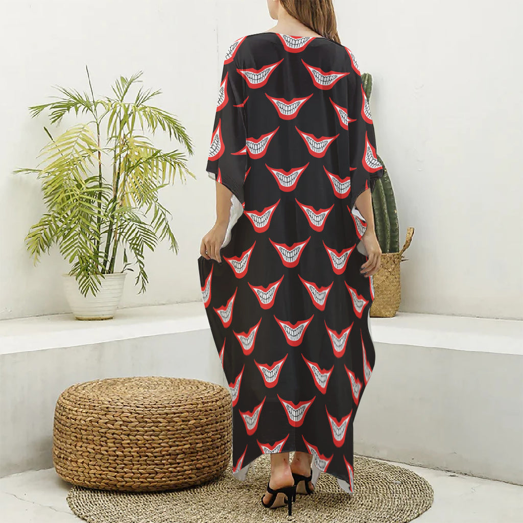 Joker Smile Pattern Print Silk V-Neck Kaftan Dress