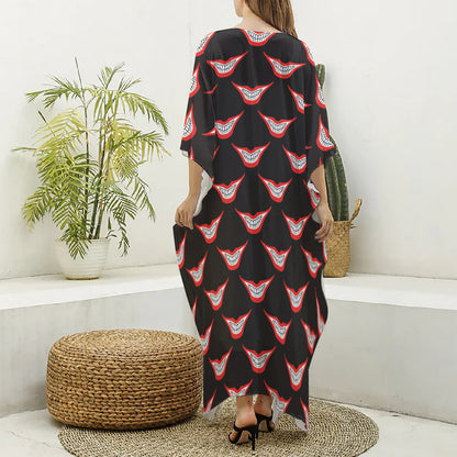 Joker Smile Pattern Print Silk V-Neck Kaftan Dress