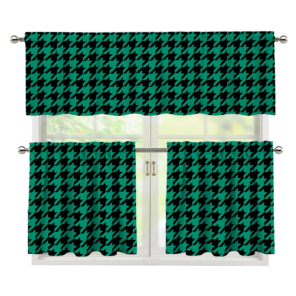 Jungle Green And Black Houndstooth Print 3 Piece Kitchen Curtains