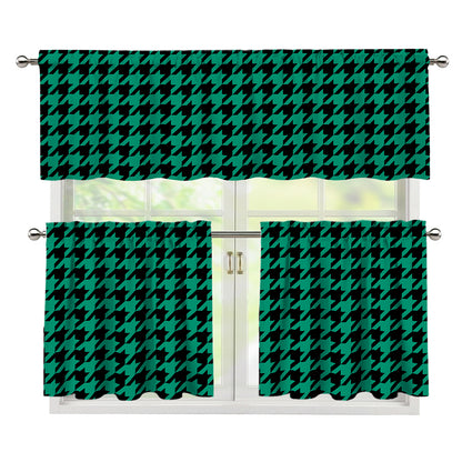 Jungle Green And Black Houndstooth Print 3 Piece Kitchen Curtains
