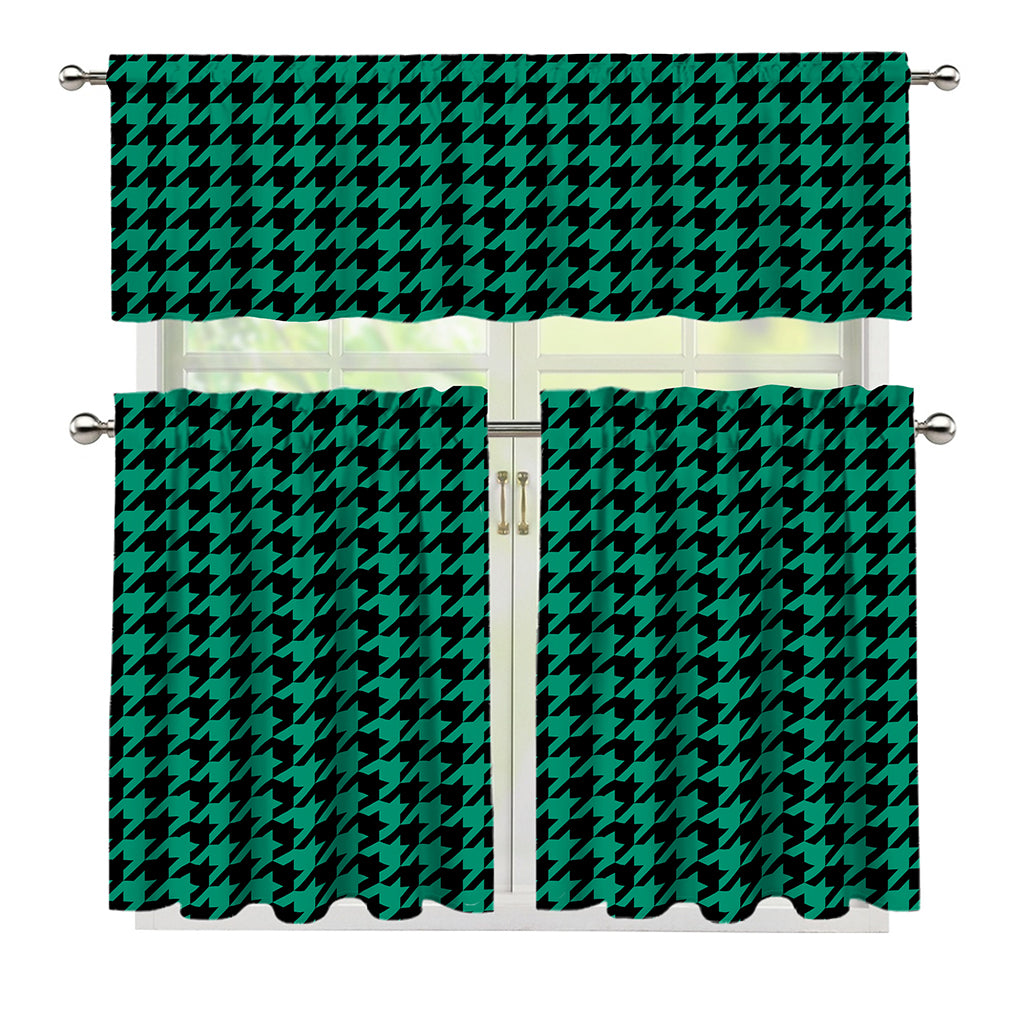 Jungle Green And Black Houndstooth Print 3 Piece Kitchen Curtains