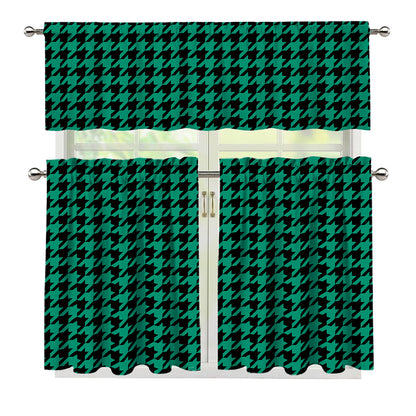 Jungle Green And Black Houndstooth Print 3 Piece Kitchen Curtains