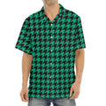Jungle Green And Black Houndstooth Print Aloha Shirt