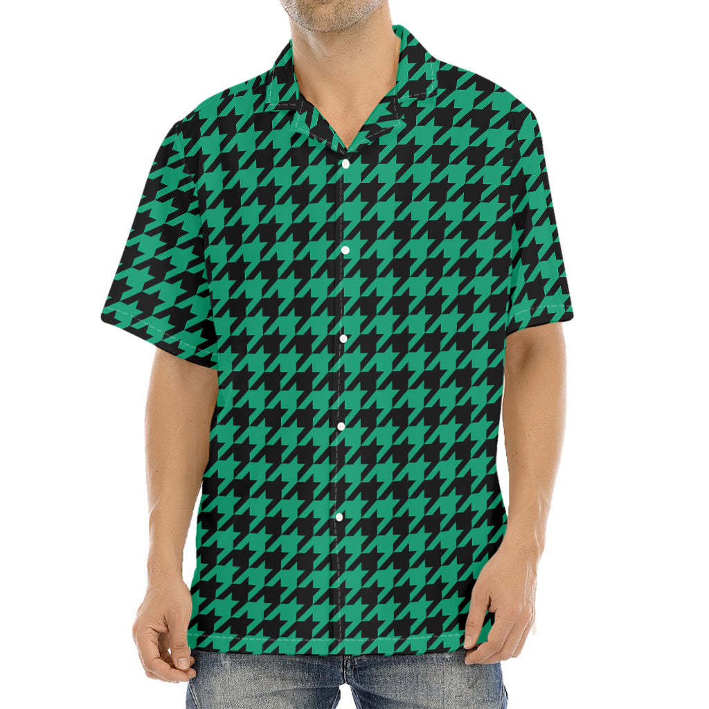 Jungle Green And Black Houndstooth Print Aloha Shirt