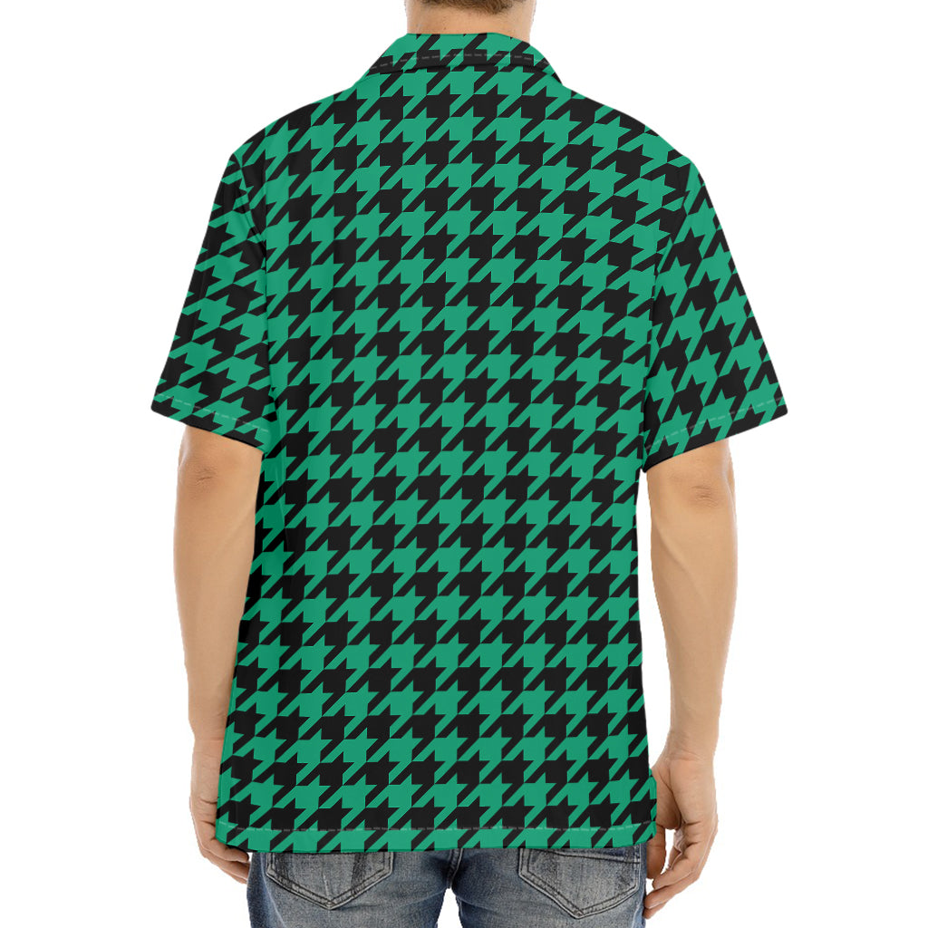 Jungle Green And Black Houndstooth Print Aloha Shirt