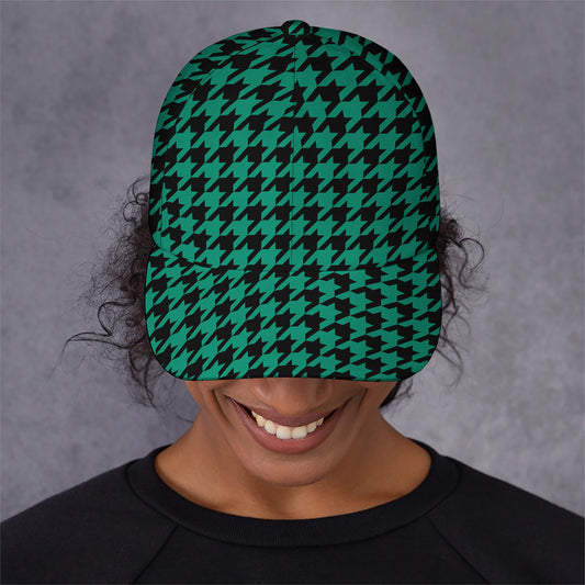 Jungle Green And Black Houndstooth Print Baseball Cap