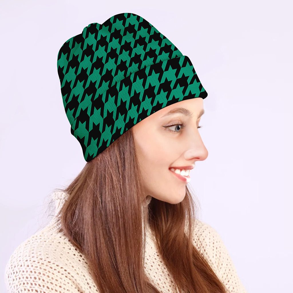 Jungle Green And Black Houndstooth Print Beanie