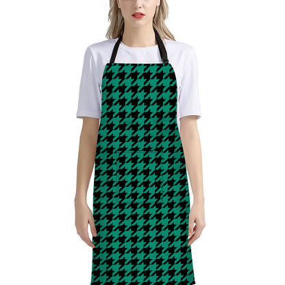 Jungle Green And Black Houndstooth Print Bib Apron With Pocket