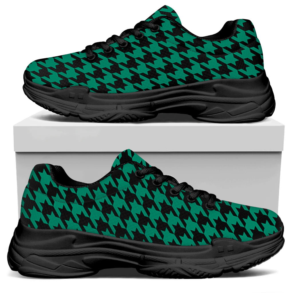 Jungle Green And Black Houndstooth Print Black Chunky Shoes