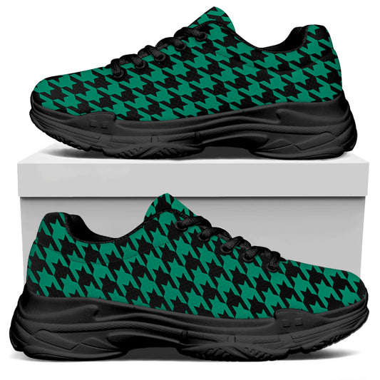 Jungle Green And Black Houndstooth Print Black Chunky Shoes