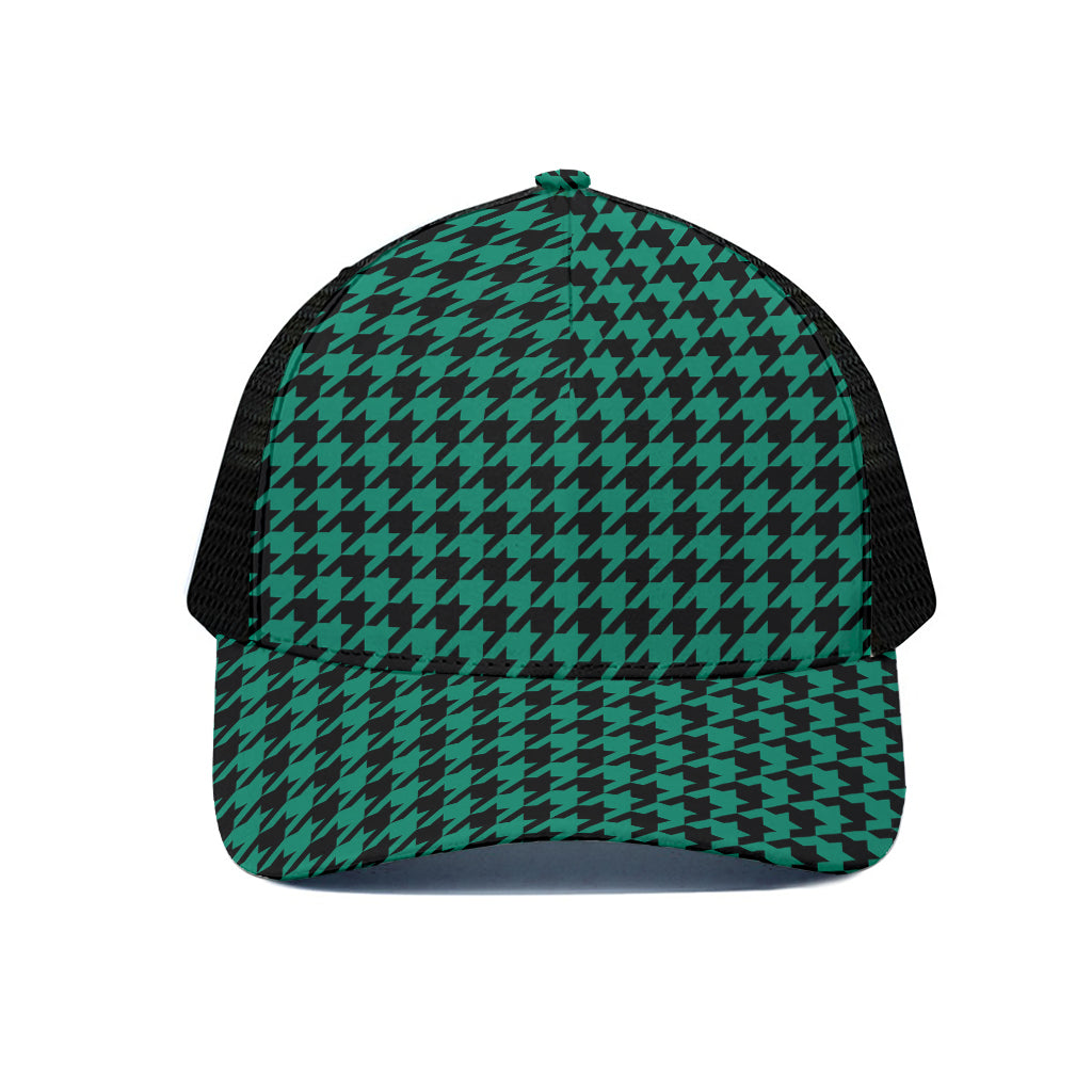 Jungle Green And Black Houndstooth Print Black Mesh Trucker Cap
