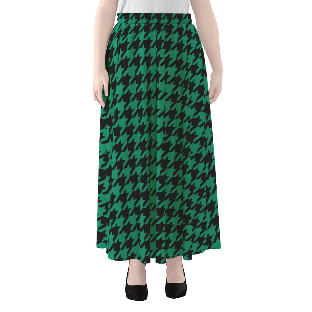 Jungle Green And Black Houndstooth Print Chiffon Maxi Skirt