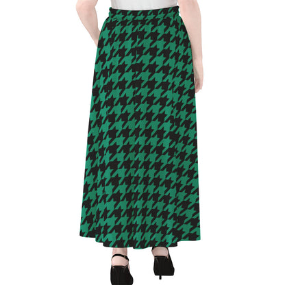 Jungle Green And Black Houndstooth Print Chiffon Maxi Skirt