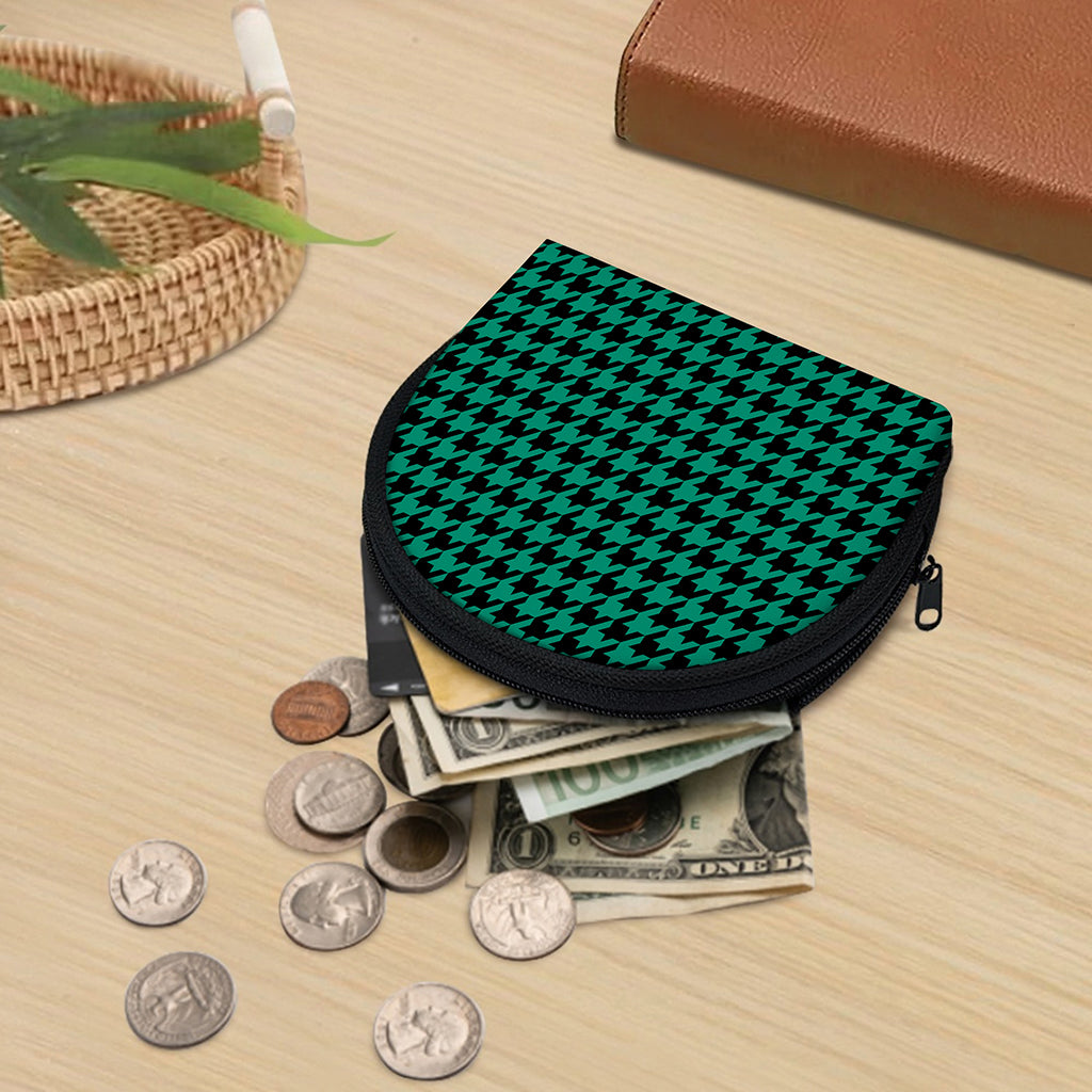 Jungle Green And Black Houndstooth Print Coin Purse