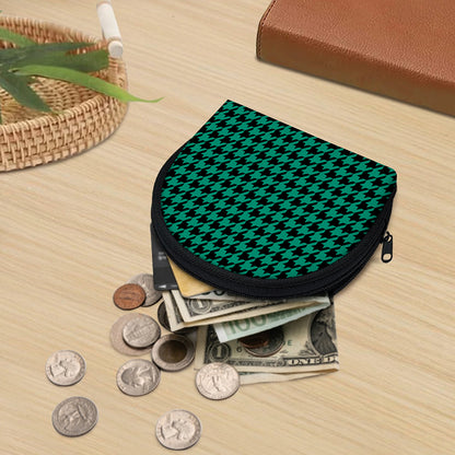 Jungle Green And Black Houndstooth Print Coin Purse