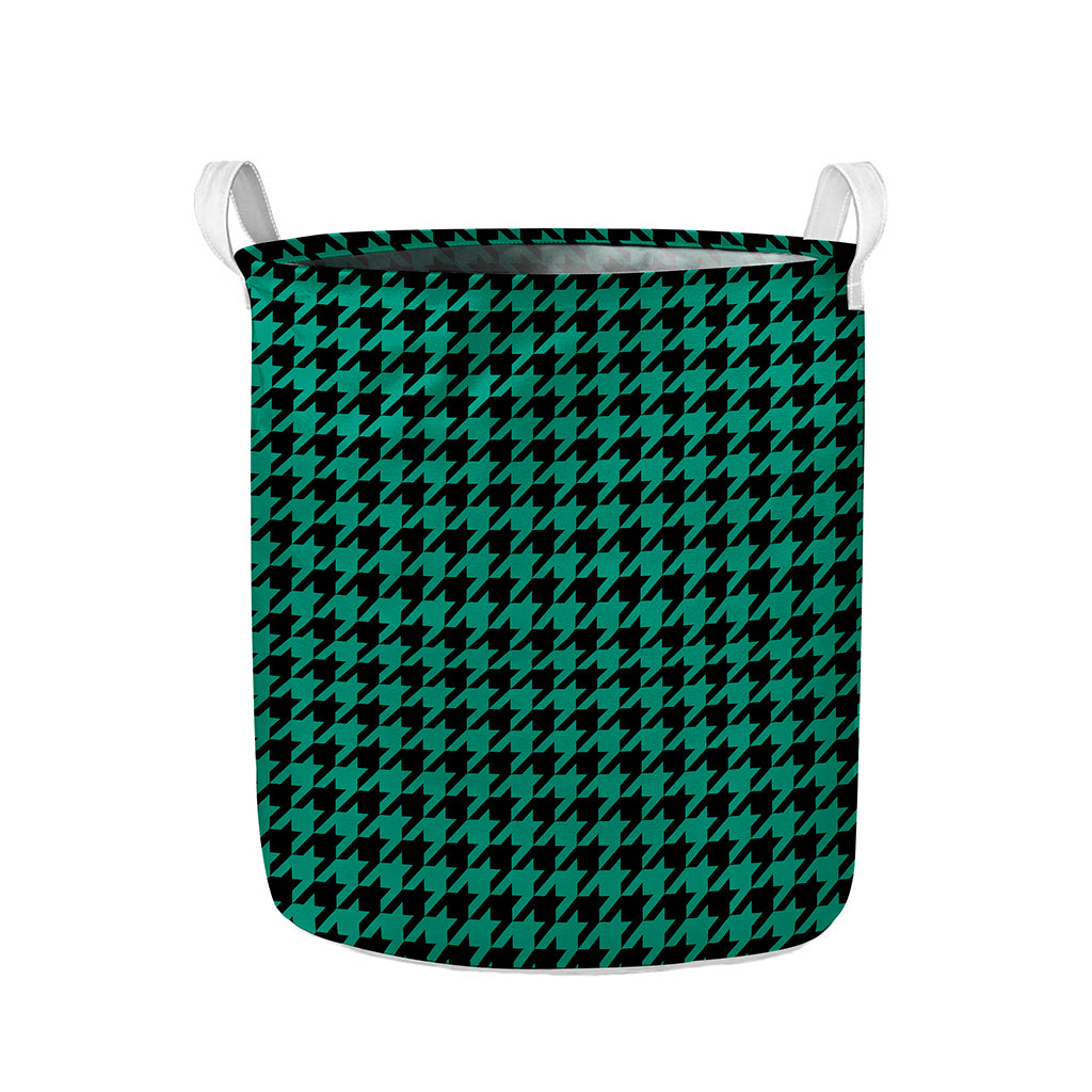 Jungle Green And Black Houndstooth Print Collapsible Laundry Basket
