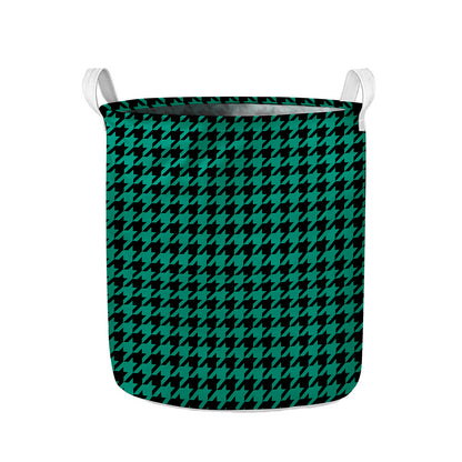 Jungle Green And Black Houndstooth Print Collapsible Laundry Basket
