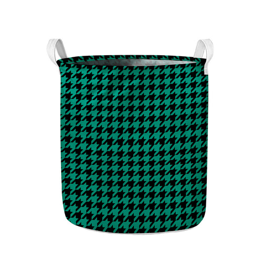 Jungle Green And Black Houndstooth Print Collapsible Laundry Basket