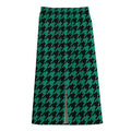 Jungle Green And Black Houndstooth Print Cotton Front Slit Maxi Skirt