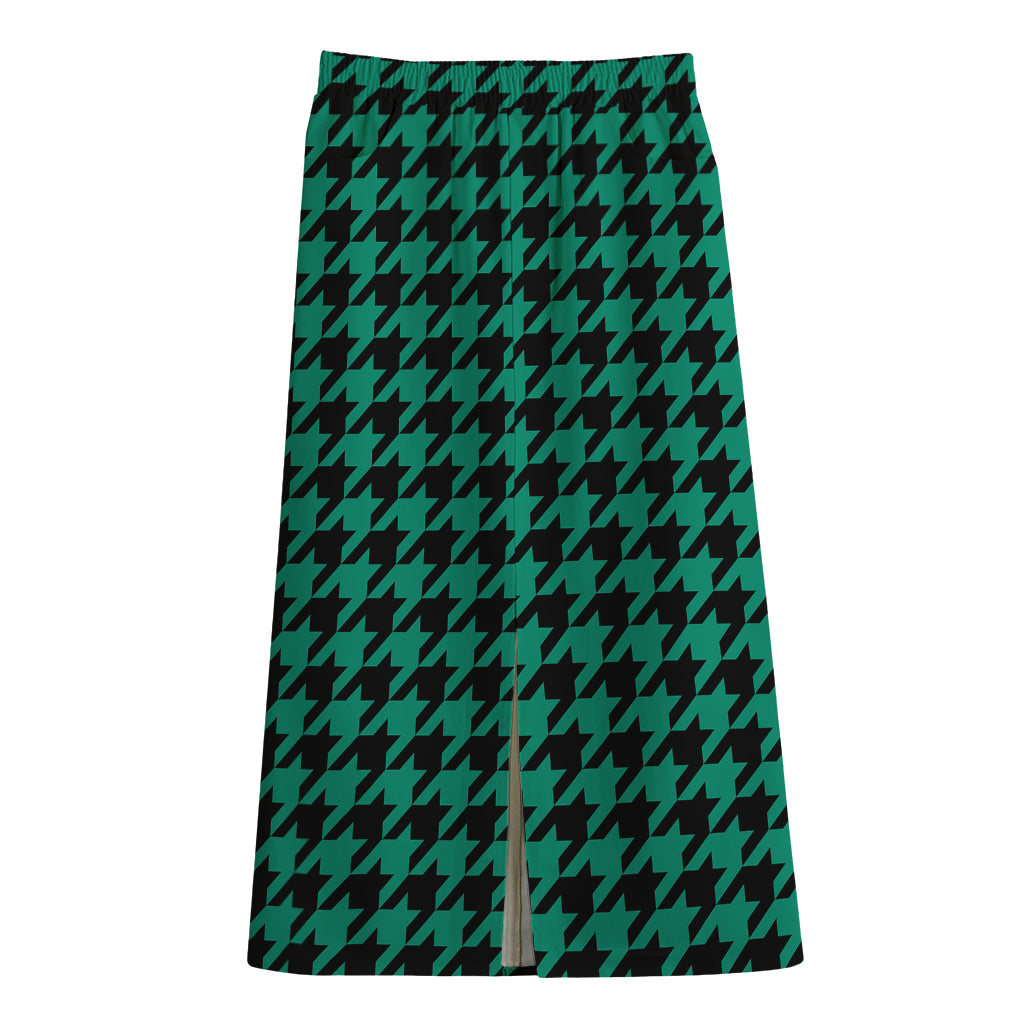 Jungle Green And Black Houndstooth Print Cotton Front Slit Maxi Skirt