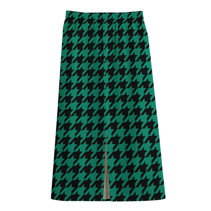 Jungle Green And Black Houndstooth Print Cotton Front Slit Maxi Skirt