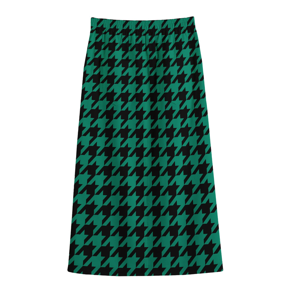 Jungle Green And Black Houndstooth Print Cotton Front Slit Maxi Skirt