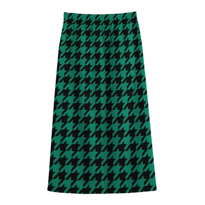Jungle Green And Black Houndstooth Print Cotton Front Slit Maxi Skirt