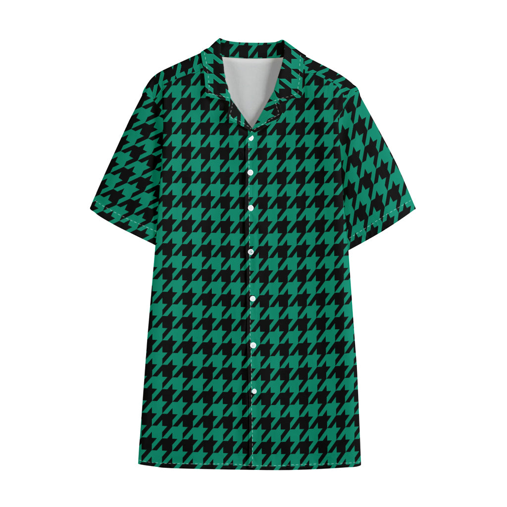 Jungle Green And Black Houndstooth Print Cotton Hawaiian Shirt
