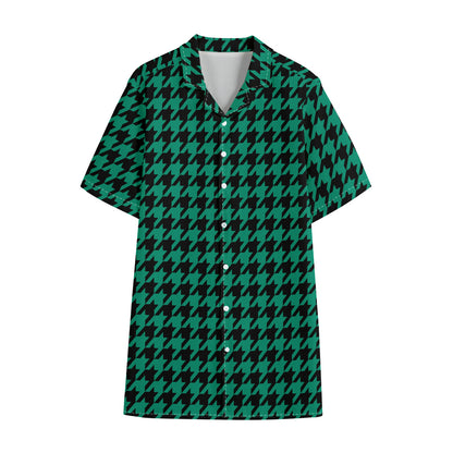 Jungle Green And Black Houndstooth Print Cotton Hawaiian Shirt