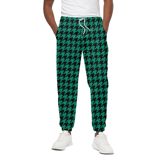 Jungle Green And Black Houndstooth Print Cotton Pants