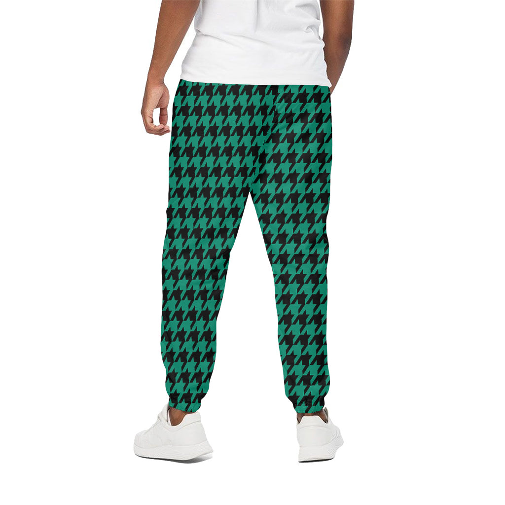 Jungle Green And Black Houndstooth Print Cotton Pants