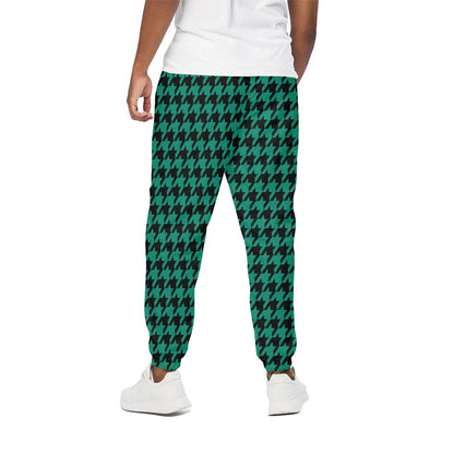 Jungle Green And Black Houndstooth Print Cotton Pants