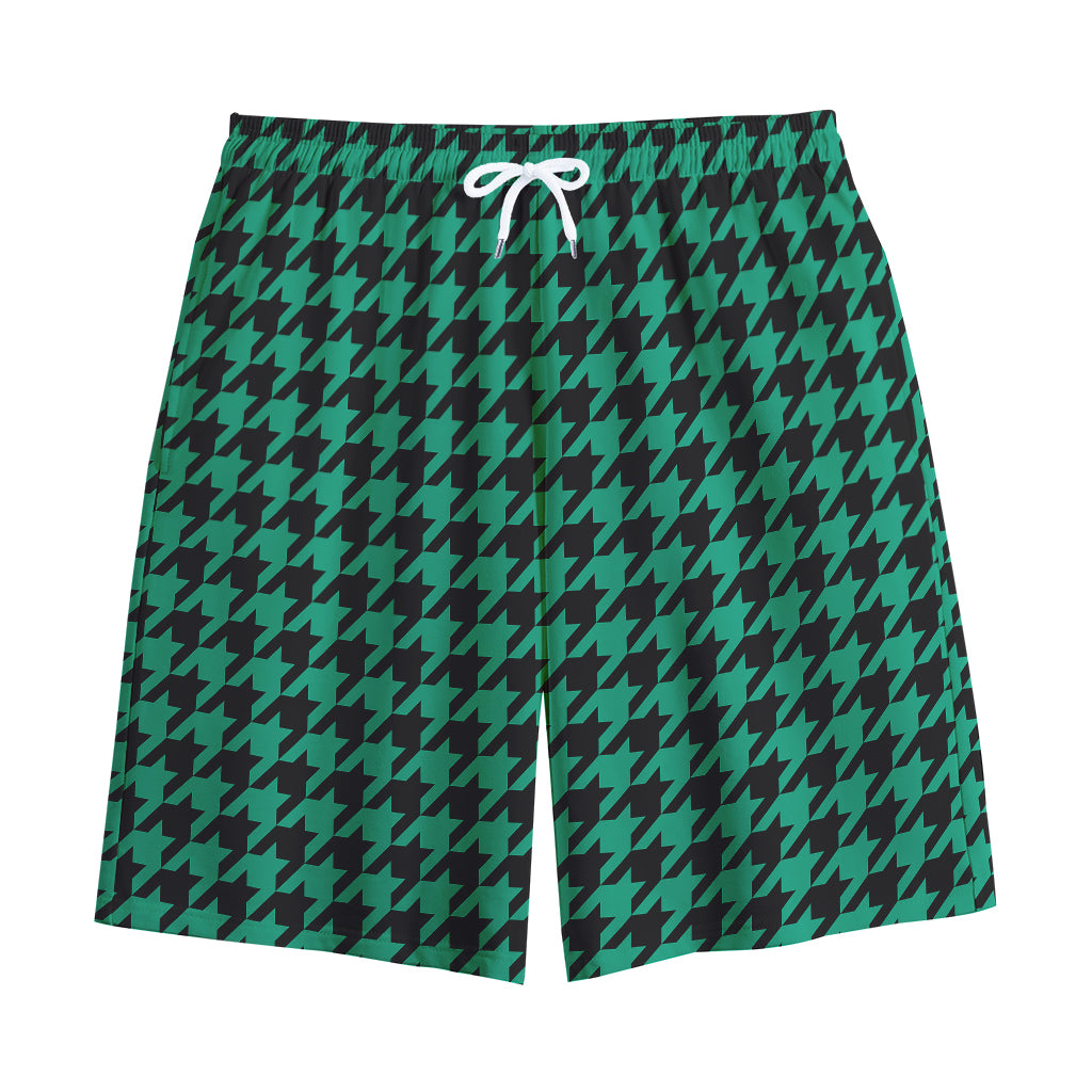Jungle Green And Black Houndstooth Print Cotton Shorts
