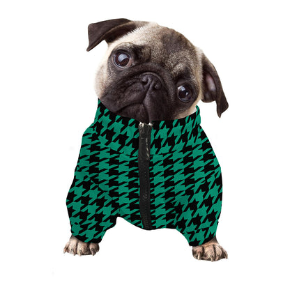 Jungle Green And Black Houndstooth Print Dog Zip Up Jacket