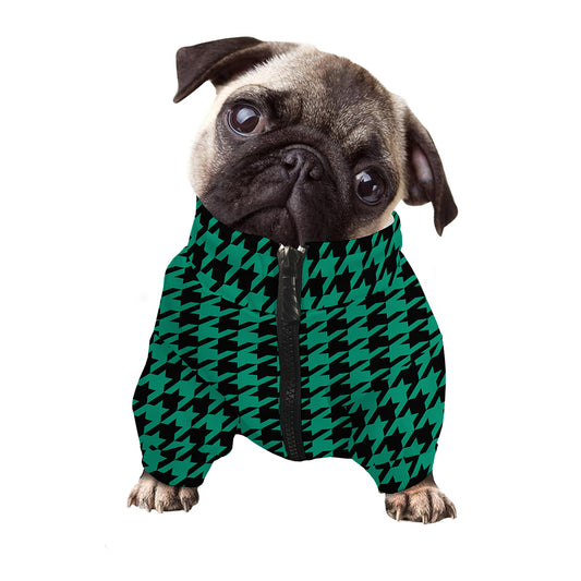 Jungle Green And Black Houndstooth Print Dog Zip Up Jacket