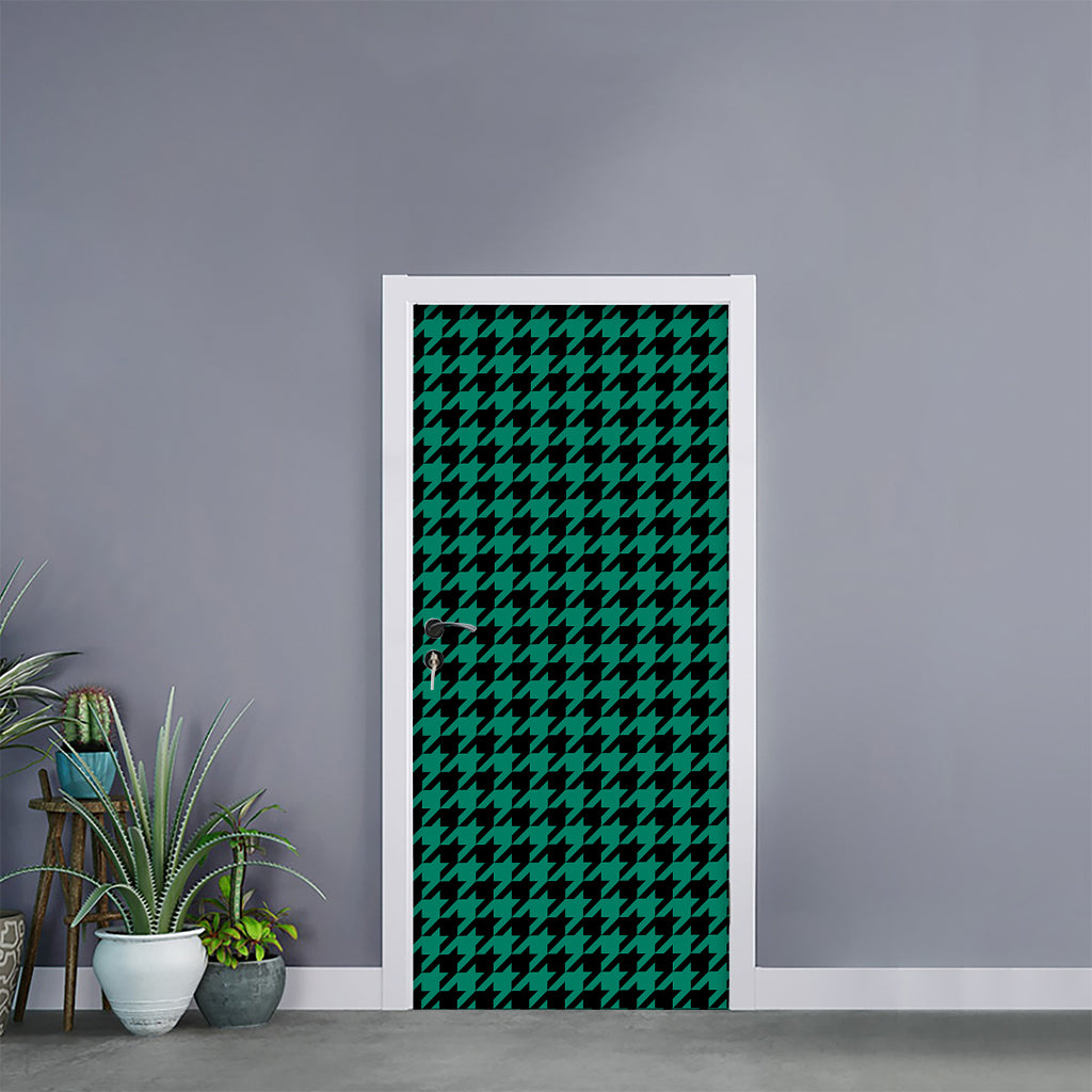 Jungle Green And Black Houndstooth Print Door Sticker